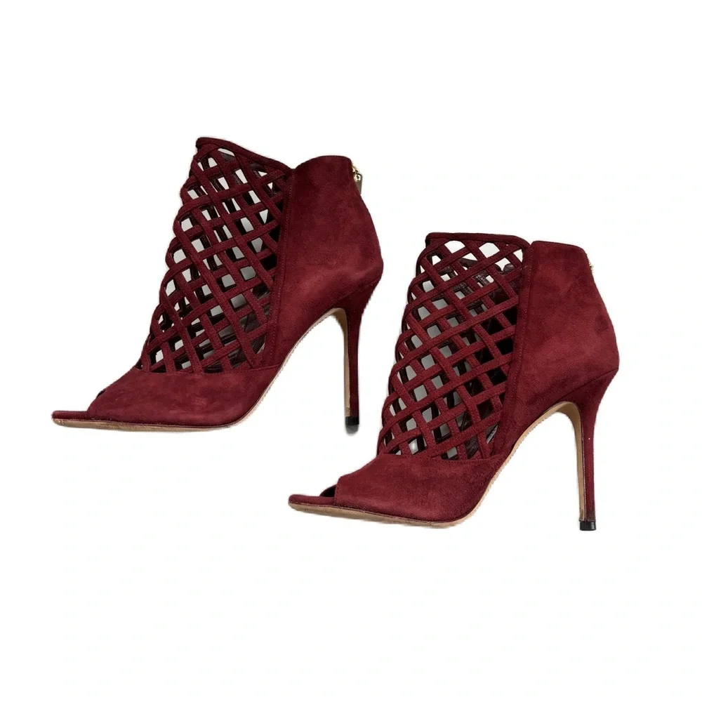 Jimmy Choo Claret Suede Drift Cutout Stiletto Heels Caged‎ Size 38.5 Size 38 1/2